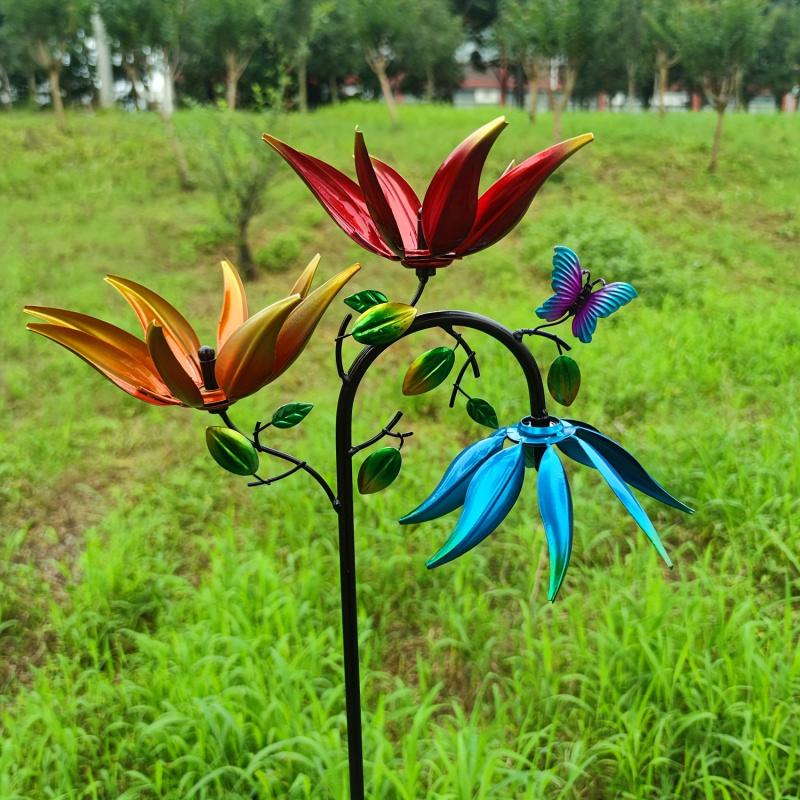 Metal Wind Spinner with Flowers and Butterflies, Three Rotating Flower and Butterfly Windmills for Outdoor Garden Art Decoration