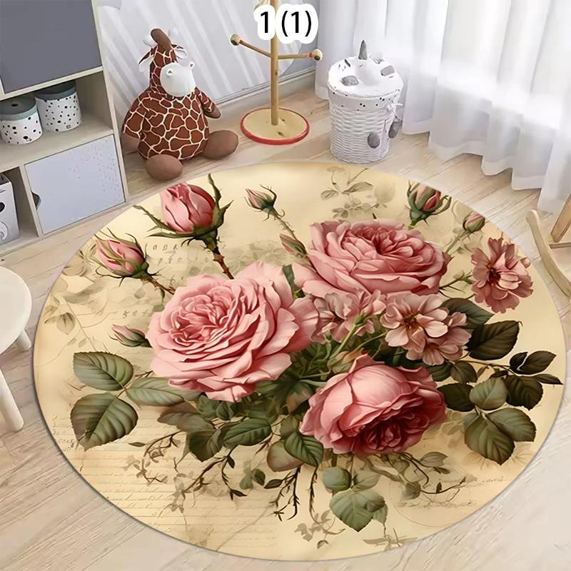 

Elegant Stylish Retro Rose Floral Round Rug Soft Washable Non-slip Decorative Mat Cozy Floor Carpet for Living Room Bedroom 80cm x 80cm