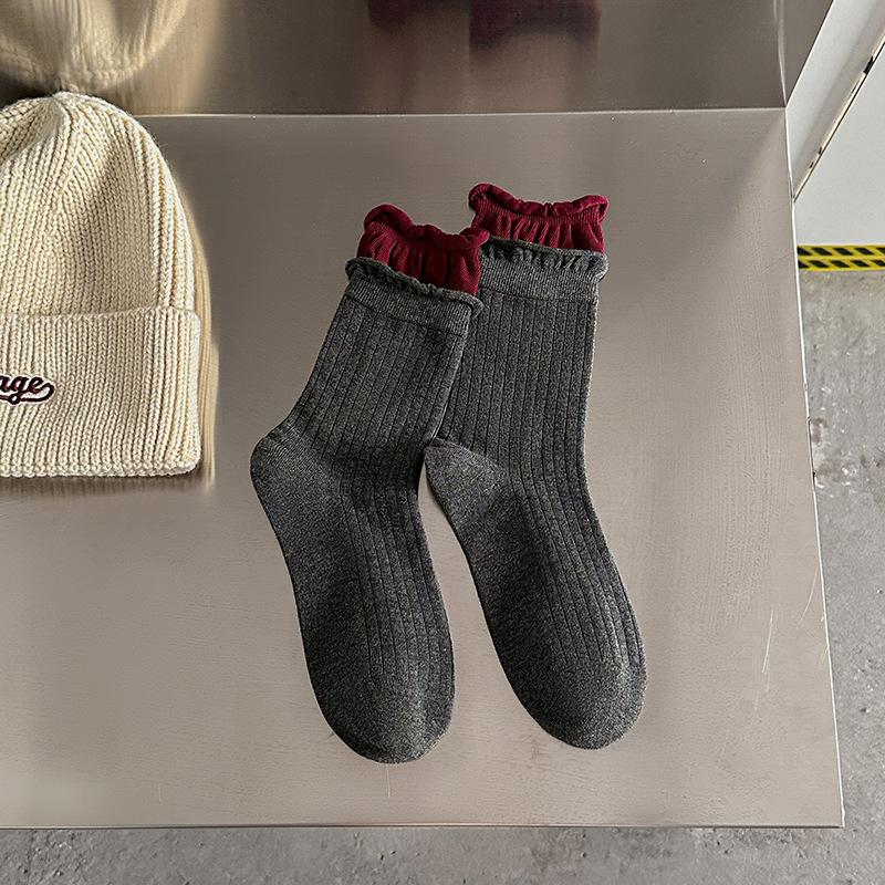 Ankela Red Socks Women's Mid-calf Wine Red Autumn and Spring Collection Red Pile Socks Polka Dot Angola Red