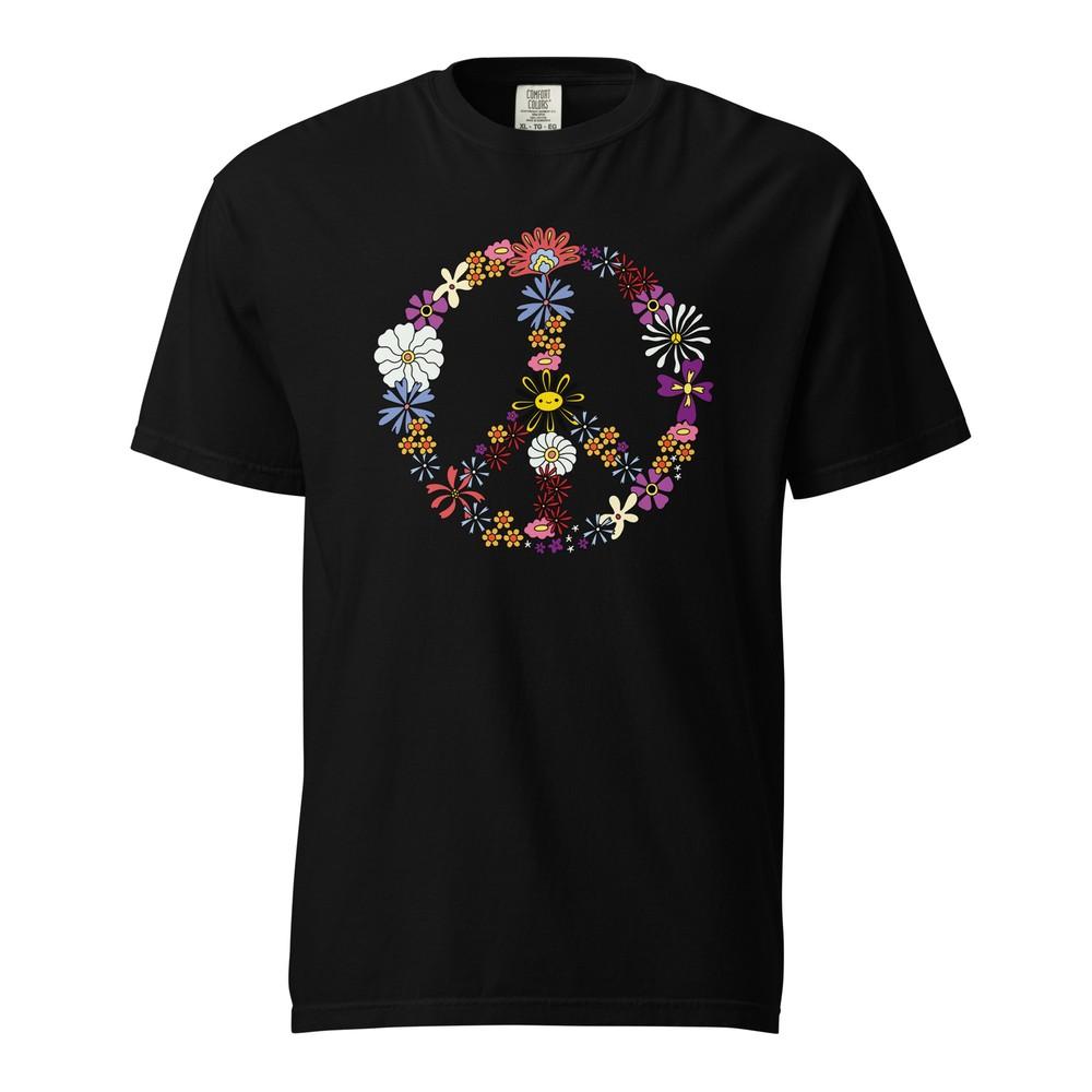 Peace Sign Spring Flowers T-Shirt Fun Gift Comfort Colors Garment Dyed Tee Unisex T-Shirt