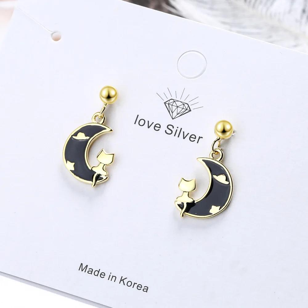 Cute Female Earrings  Sterling Silver Drop Glue Moon with Unique Cat Earrings for Women Wedding  Girls Gift Bijoux