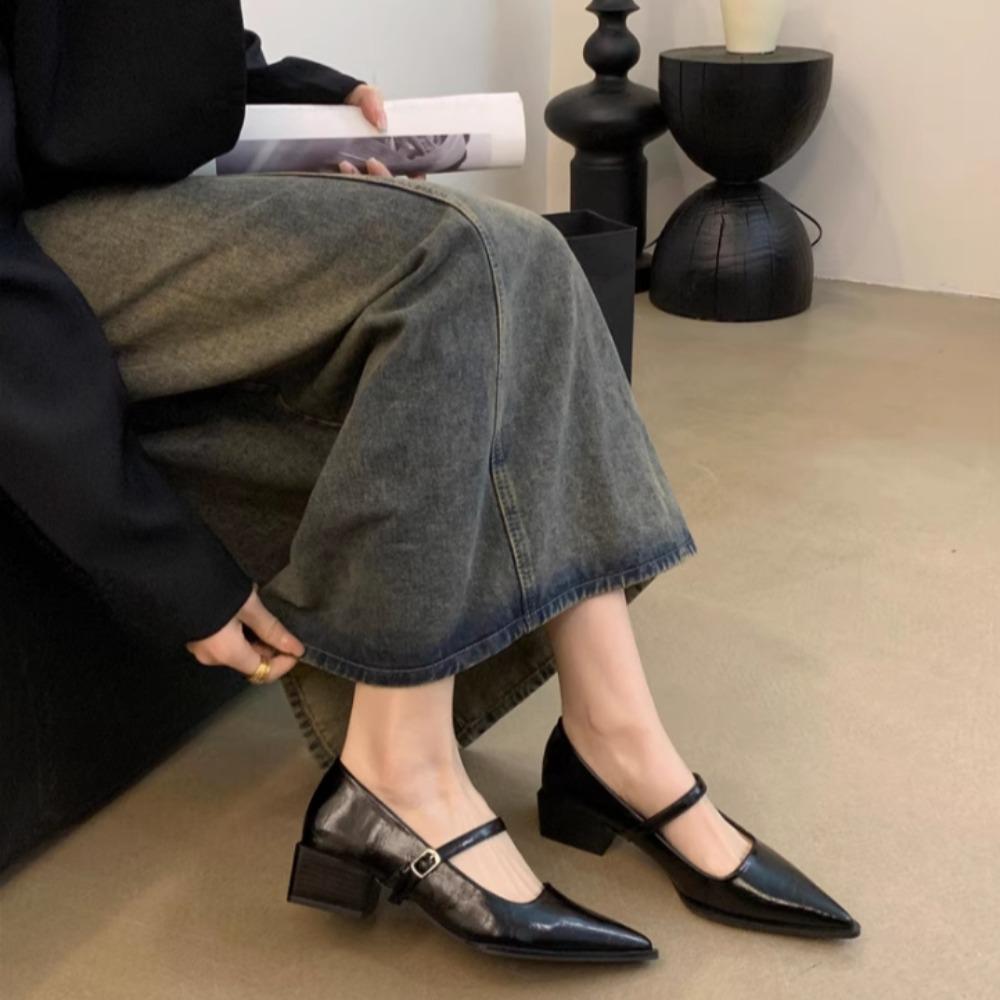 Fashion Pointed Retro Mary Jane Shoes Woman Soft Leather Word with Light Mouth Thick Heel Single Shoes Women's High Heel Women's Shoes