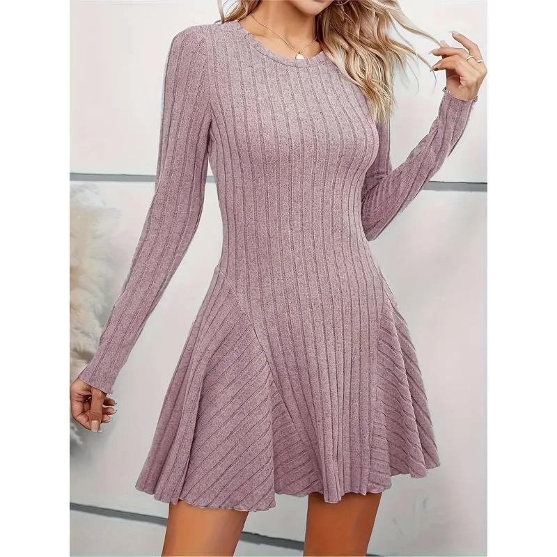 2025 Spring Autumn Knitted V-neck Long Sleeve Sweater Dress Elegant Slim Fit Women Casual Simple A-line Short Dress Fashion Solid Color Party Clothing