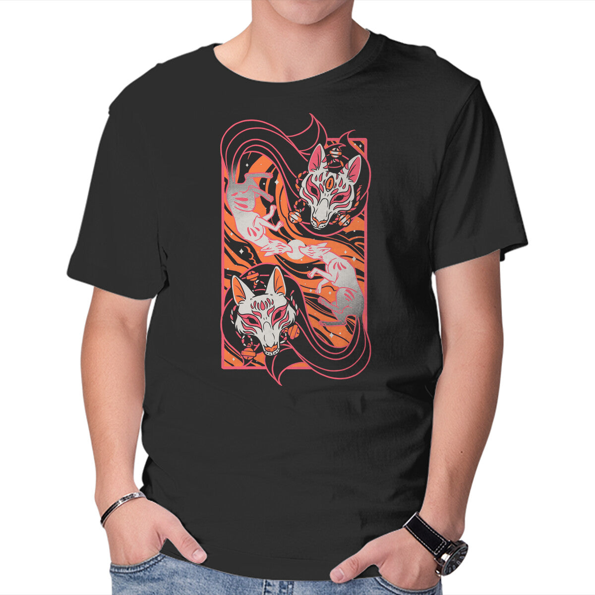 Unisex Crew Neck T-Shirt Kitsune Graphic Short Sleeve Casual Tee M