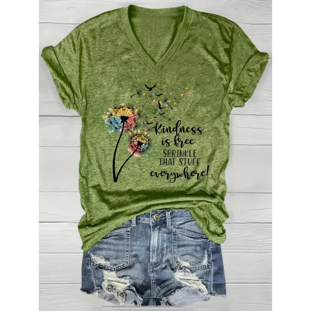 Summer Outdoor Women's T-Shirt Casual V-Neck Short Sleeve Tops Floral Butterfly Print Street Fashion Female Oversize Clothing