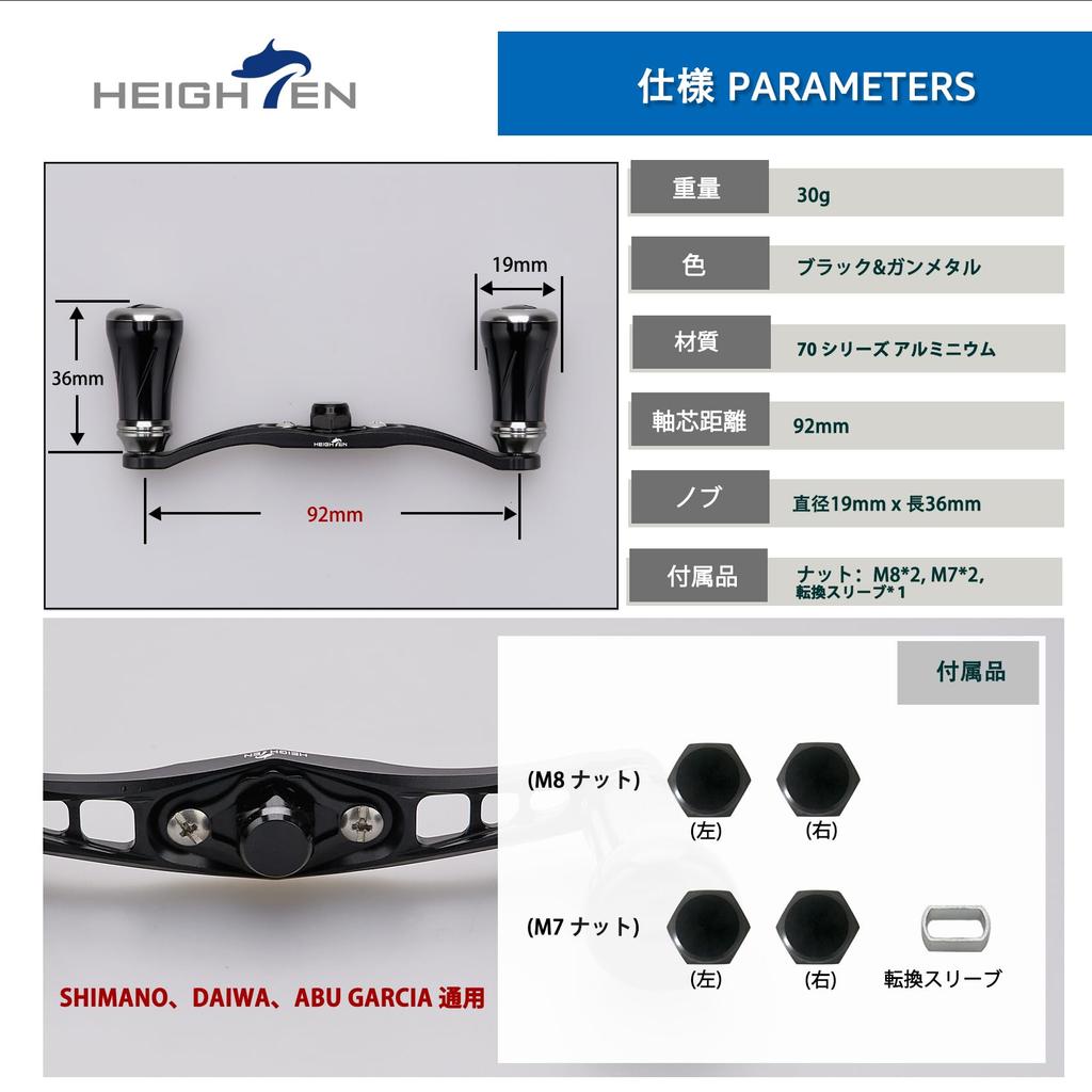 HEIGHTEN 92mm Reel Handle with 19mm Compatible with and Abu Garcia Baitcasting Wing Pillar Series Knob, Shimano, Daiwa, Reels, (Black & Gunmetal)