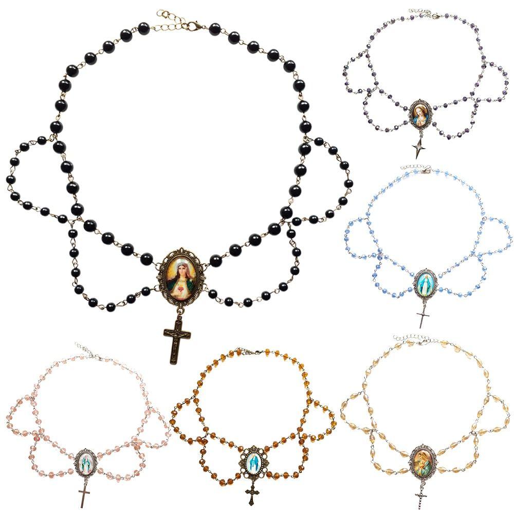 Pearl Tassel Virgin Chokers Necklace Acrylic Religious Jewelry New Cross Necklace  For Women