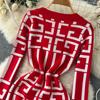 Spring Autumn V-neck Geometry Pattern Knitted Sweater Dresses Women Full Sleeve Mini Slim Bodycon Pencil Dress