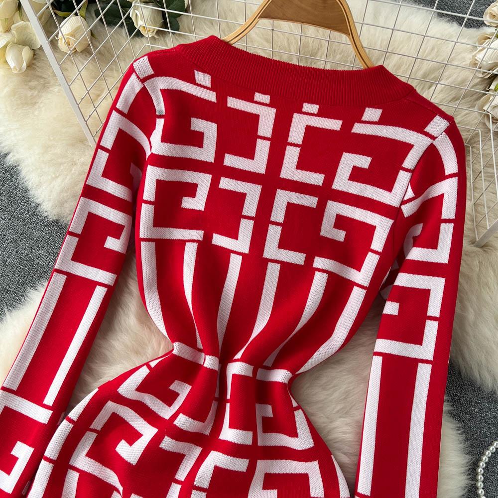 Spring Autumn V-neck Geometry Pattern Knitted Sweater Dresses Women Full Sleeve Mini Slim Bodycon Pencil Dress