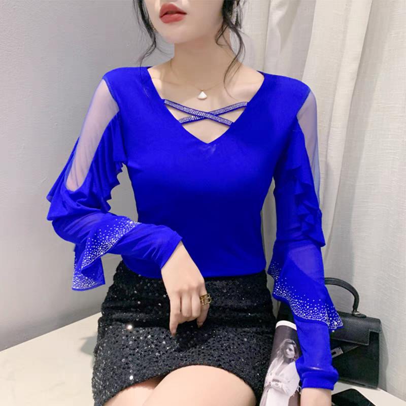 

Весна Осень Уличная одежда Девушка Футболка с оборками и горячими бриллиантами Мода Сексуальные топы из сетки с V-образным вырезом Женские футболки с длинным рукавом 3XL