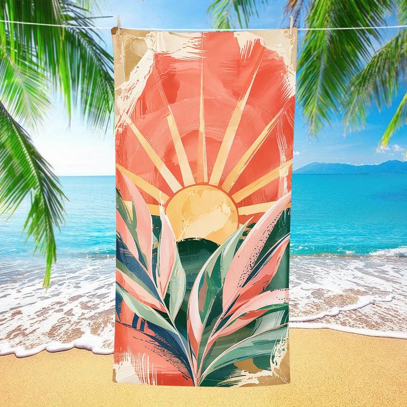 Boho Retro Sunset Palm Leaf Beach Towel Sunrise Tropical Print Quick Dry Towel Absorbent Towel for Beach Pool Summer Holiday