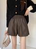 Kumikumi Design Women's PU Leather Wide-Leg Pants, High Waist, Elastic Waist, Autumn Style Slimming Shorts.