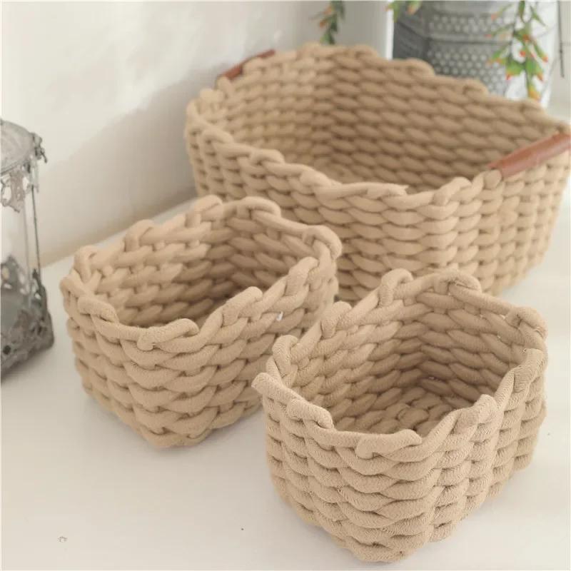 Cotton Rope Woven Storage Basket with Handle Sundries Cosmetic Storage Box Toys Snack Desktop Makeup Organizer Cotton Baskets