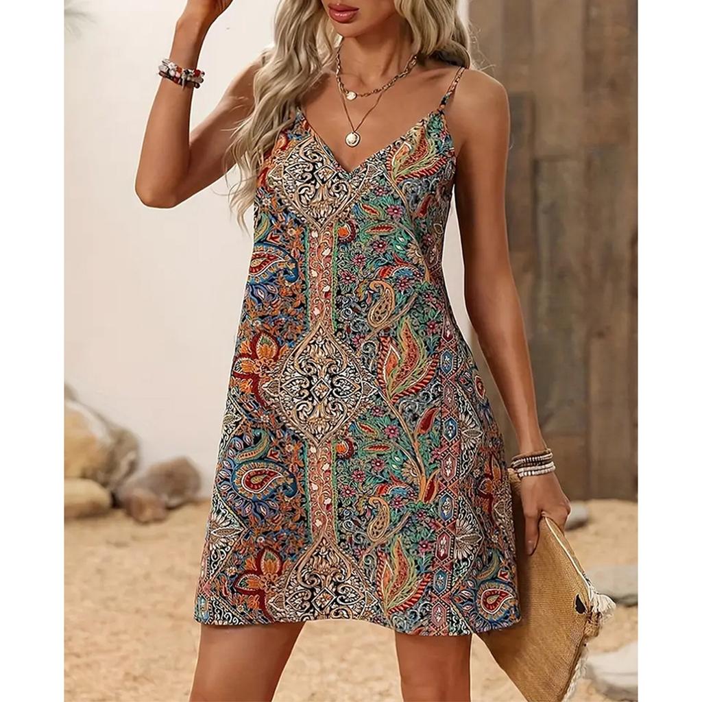 Women's Fashionable Bohemian Printed V-neck Sleeveless Dress