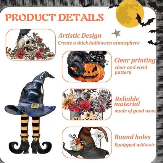 Scary Witch Hat Castle Wall Art 36Pcs Vintage Halloween Wooden Hanging Ornaments, Pumpkin Black Cat Ghost Tree Pendant Ornaments Crow Tags,