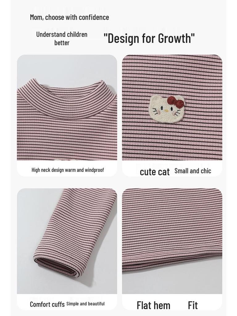 Girls' Fleece-Lined Long-Sleeve T-Shirt - Autumn/Winter Semi-High Collar Top