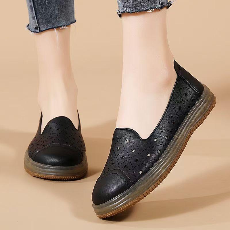 Spring Summer New Genuine Leather Hollow Out Flat sole Shoes Thick sole Non Slip Round Toe Shallow Slip On Elderly Nude Shoes