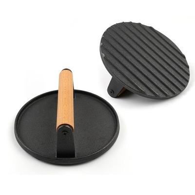 Cast Iron Meat Press Board Heavy-Duty Flat Top Steak Burger Press Wooden Handle Round Rectangular Grill Hamburger Grinder