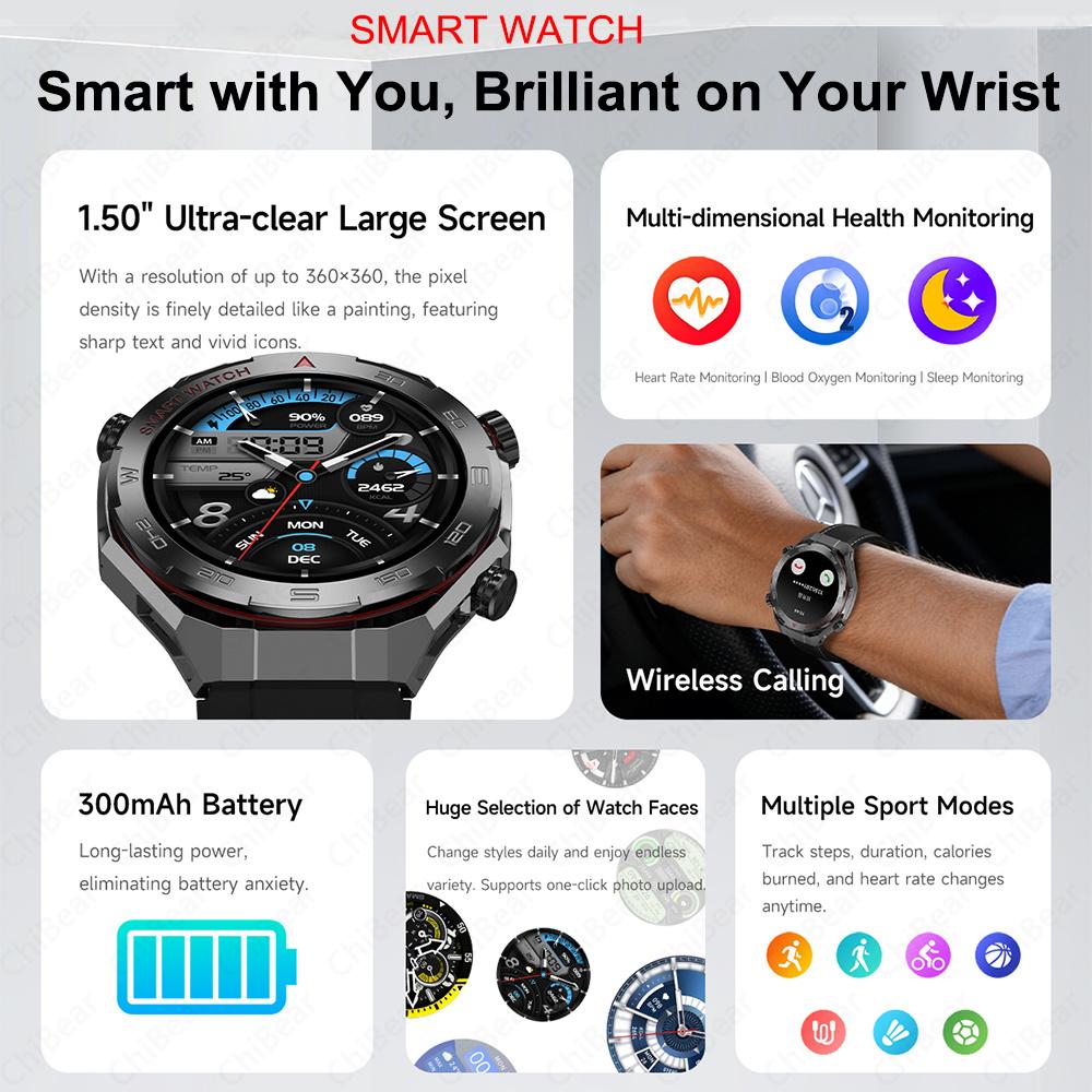 New Bluetooth Call Smart Watch Men Heart Rate Health Monitoring Altitude Air Pressure Detection LED Flashlight Smartwatch