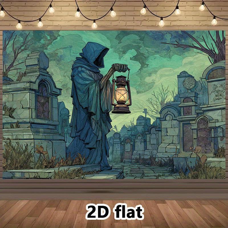 1pc Gothic Cemetery Background - Cloak Man with Lantern and Tombstone - Halloween Horror Party Decoration 150X100