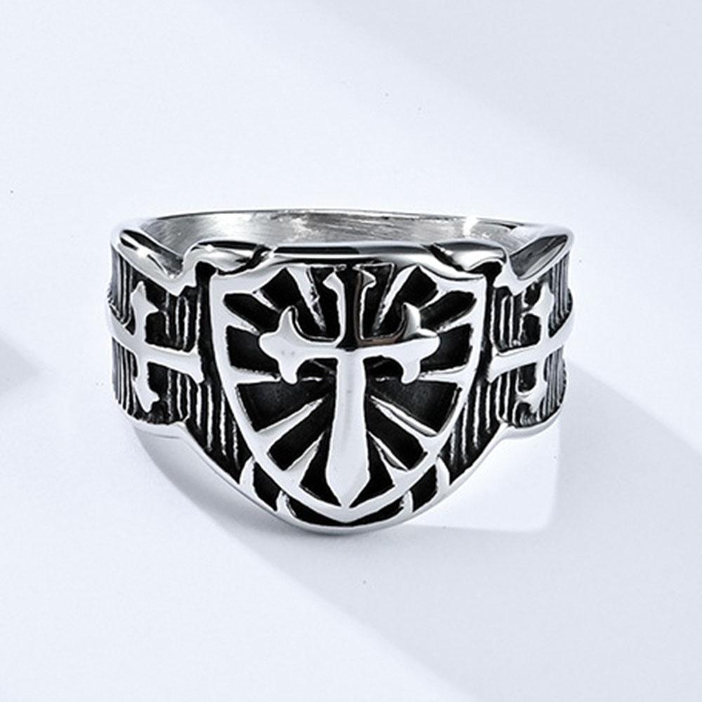 Vintage Crusader Shield Cross Titanium Steel Rings Niche Personality Men's Stainless Steel Hand Jewelry