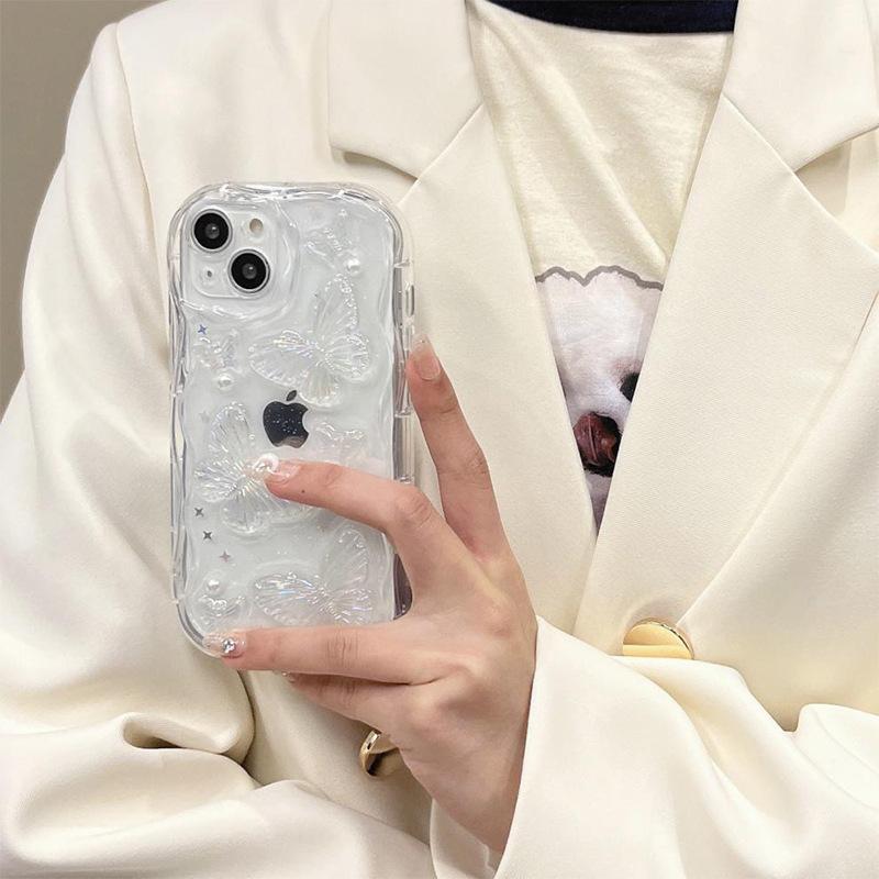 Wind Transparent Mobile Phone Case For Iphone15Promax Pearl Butterfly Apple 17 Sequins Wavy 13