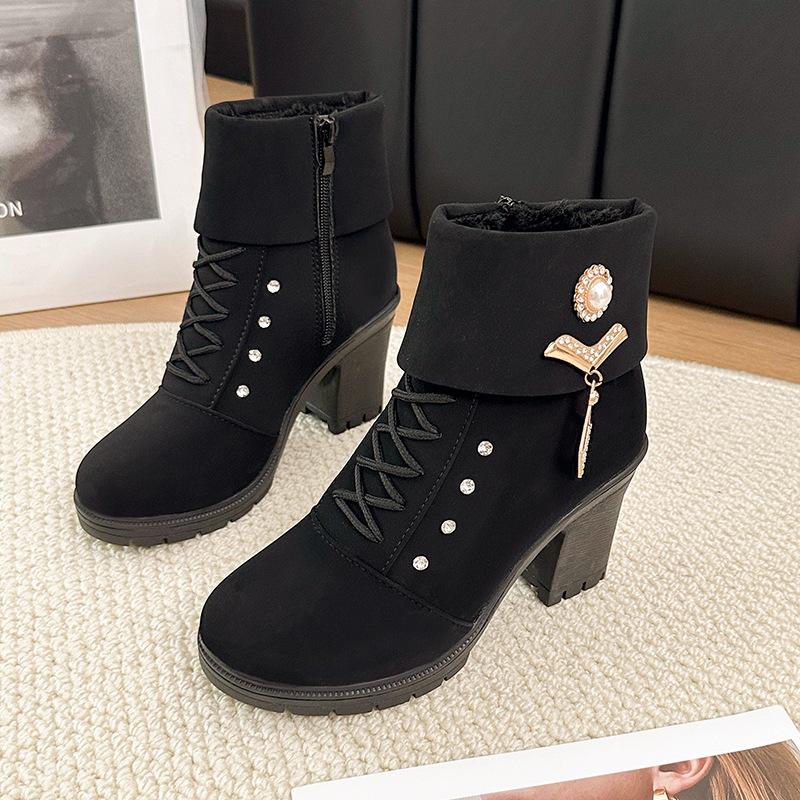 European And American Women'S Shoes Rhinestone Large Size Thick Heel High Heel Women'S Boots Autumn Round Head Short Martin Boots Women