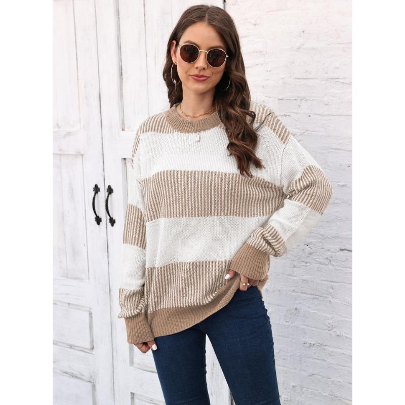 

Женский свитер свободного покроя с контрастными полосками в стиле пэчворк на осень/зиму 3XL хаки
