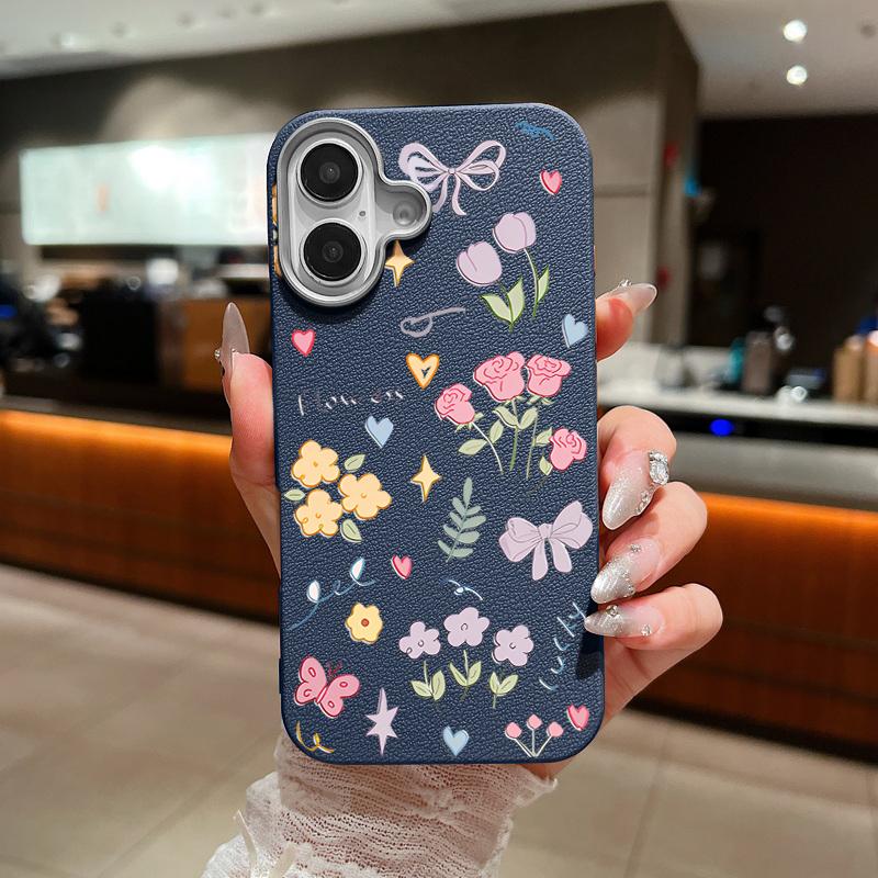 Cartoon Floral Pattern Shockproof Phone Case For iPhone 16 Pro Max 15 Pro 14 Plus 13 12 11 Soft TPU Leather Texture Slim Matte Back Cover