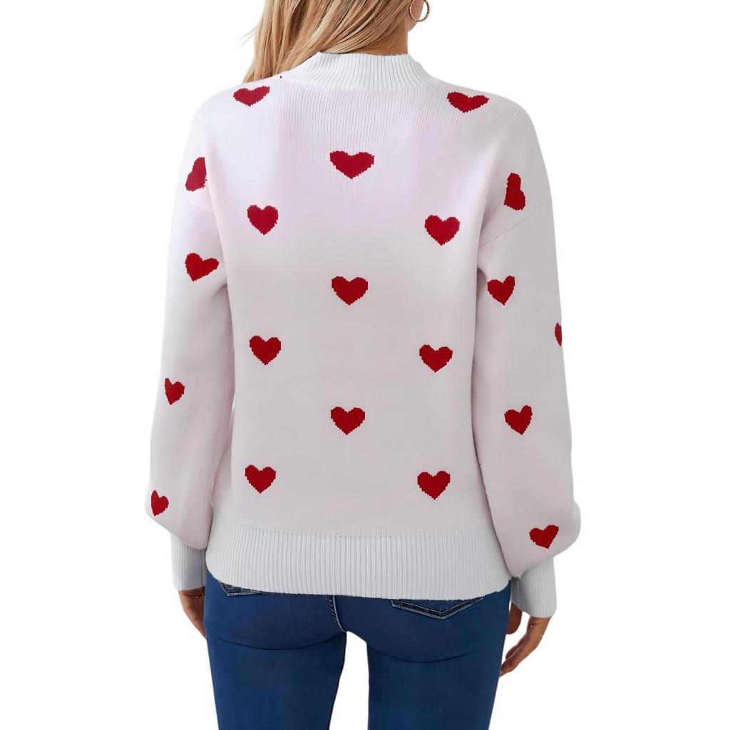 Heart Jacquard Round Neck Pullover Sweater for Women - Autumn/Winter Valentine's Day Style