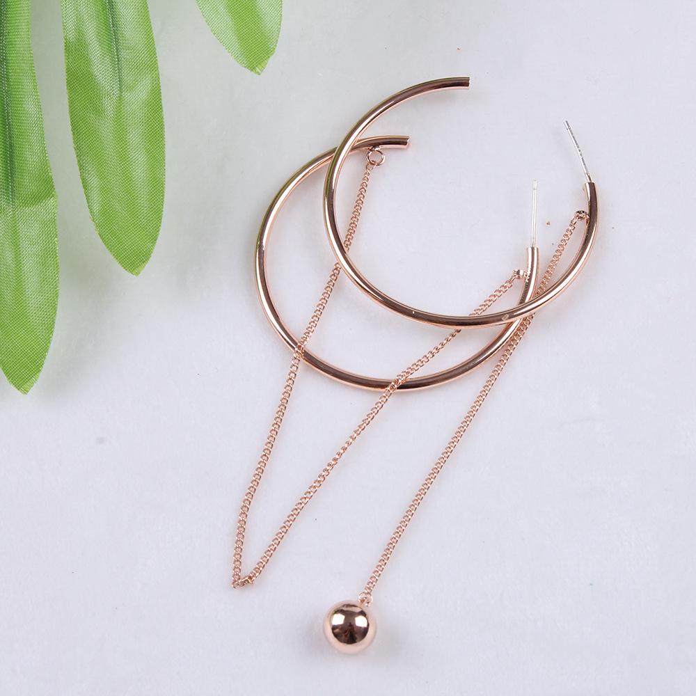 925 Silver Large Hoop Earrings for Women - Asymmetrical Chain Design, Trendy Long Ball Style, European & American Fashion
