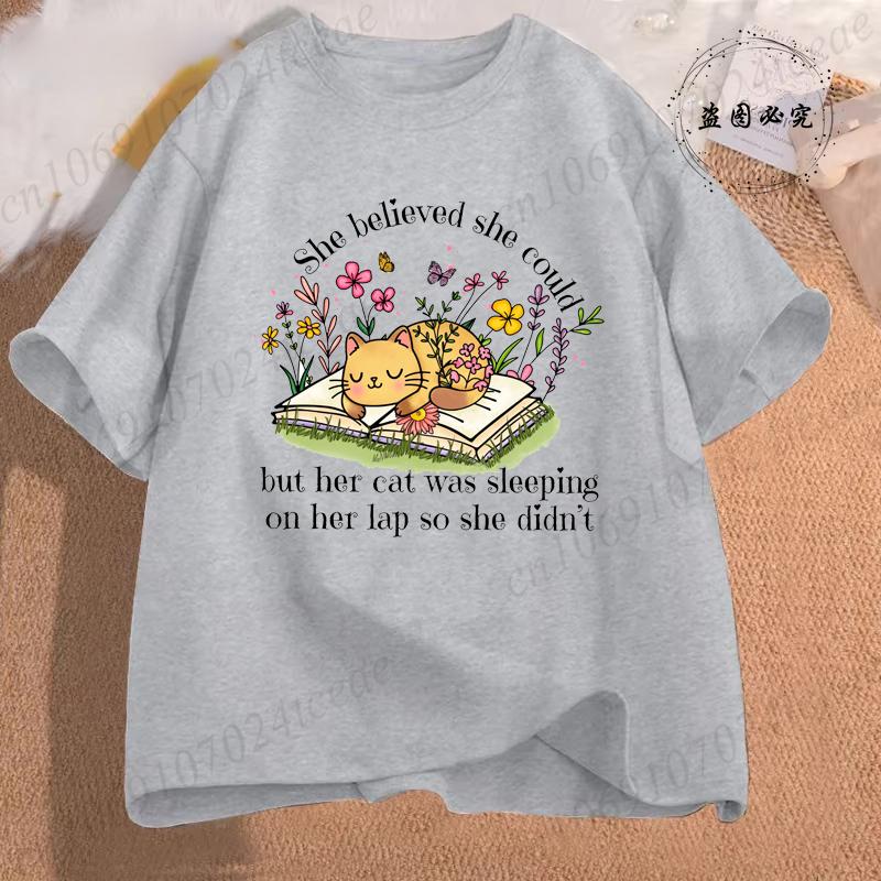 She Believed She Could Tees Tops Funny Floral Cat Shirt Women Fashion Tshirt Tops Oversize Summer Tshirt Short Sleeves Clothing