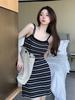 Spice girl retro striped knitted suspender dress women's summer new skirt waist thin a word short skirt