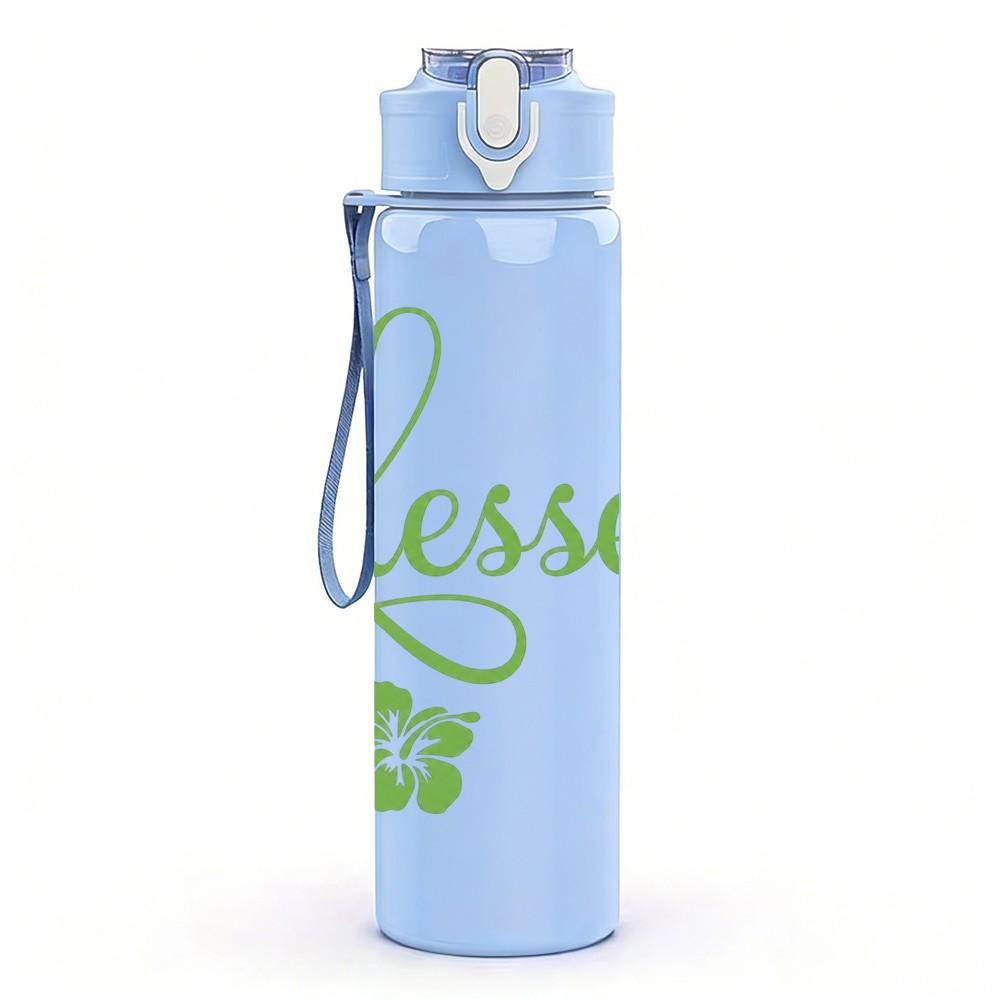 1PC Blessed Green Cursive Letter Print 750ml Color Plastic Sports Water Bottle Leakproof Flip Straw Lid Suitable for Sports Office Home Use