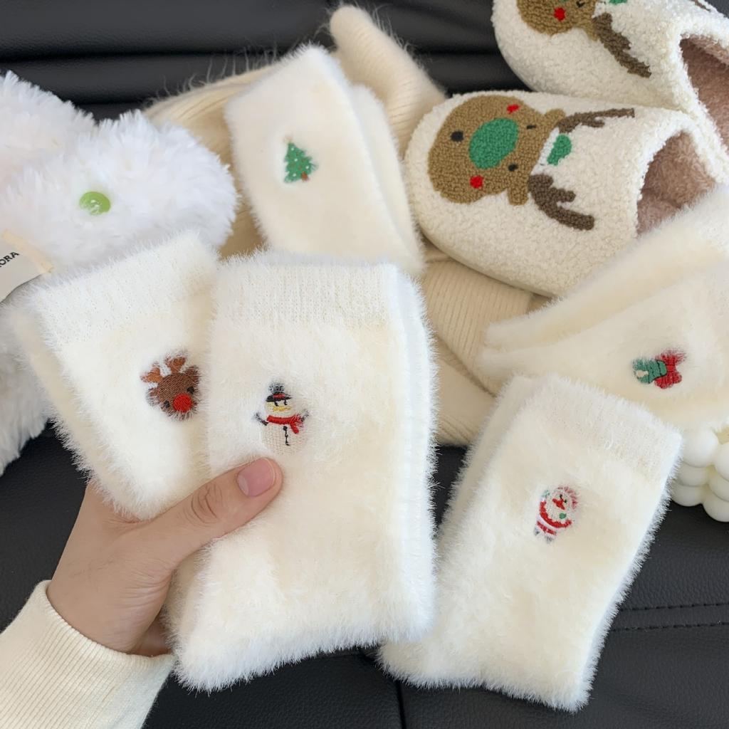 10-1 Pairs Autumn and Winter Socks, Children's White Mink Fur Christmas Socks, Snowman Santa Claus Christmas Tree Elements, Thickened Warm Socks
