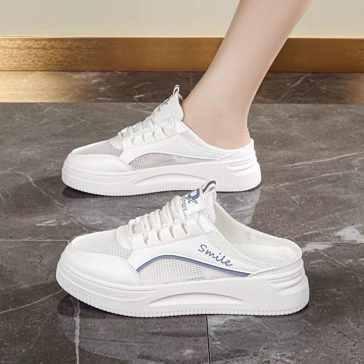 

Mesh breathable slippers new summer casual little white shoes platform fashion bag head half tray 35 синий