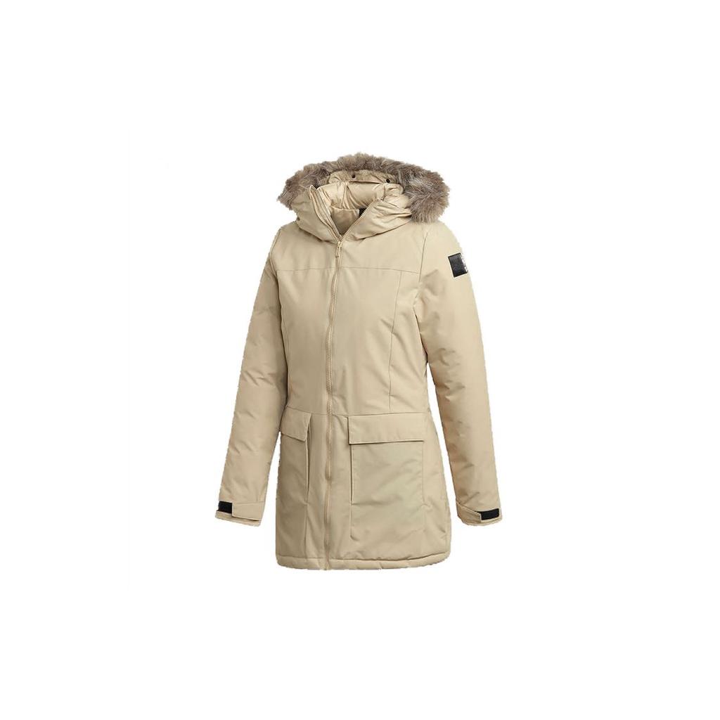 Adidas Xploric Warm Mid-Length Cotton Coat, Women Solid Color Casual Outerwear, Comfort Thickened Khaki Windproof Daily Coat GE7790