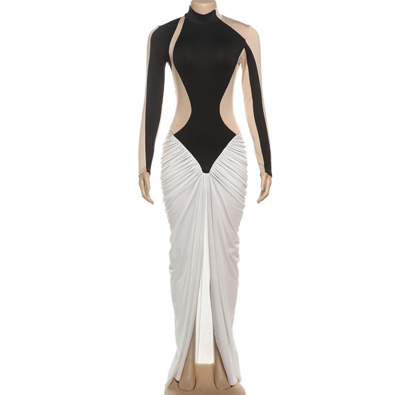 

Зимняя женская мода, тренд, полувысокий ворот, длинный рукав, цветное пэчворк, плиссированное платье S чёрный