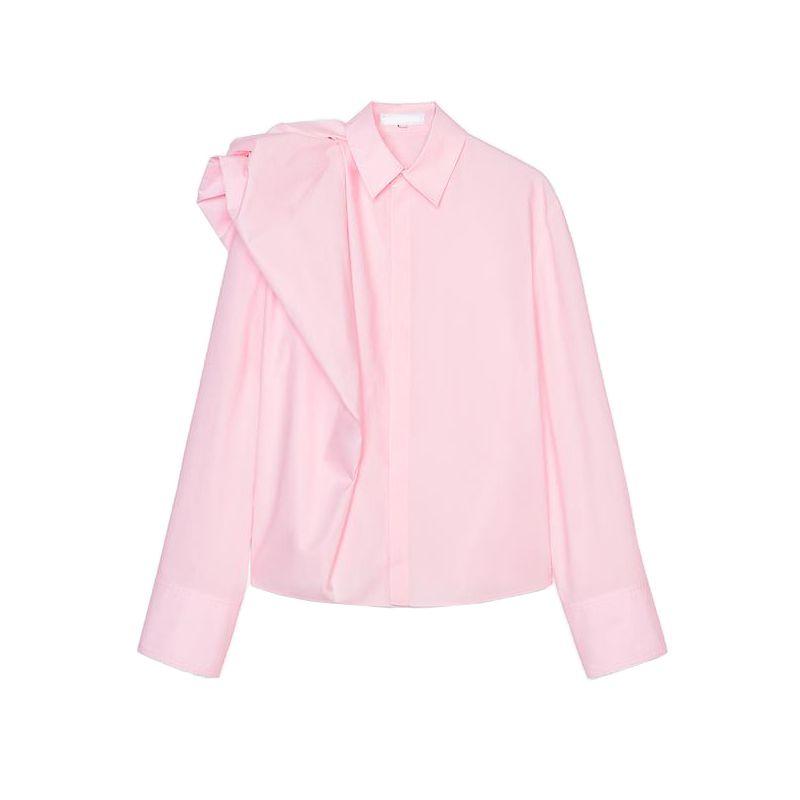 

Spring New Women s Clothing Asymmetrical Design Polo Collar Long Sleeves Shoulder Fluffy Poplin Shirt 2510259 Pale pink L