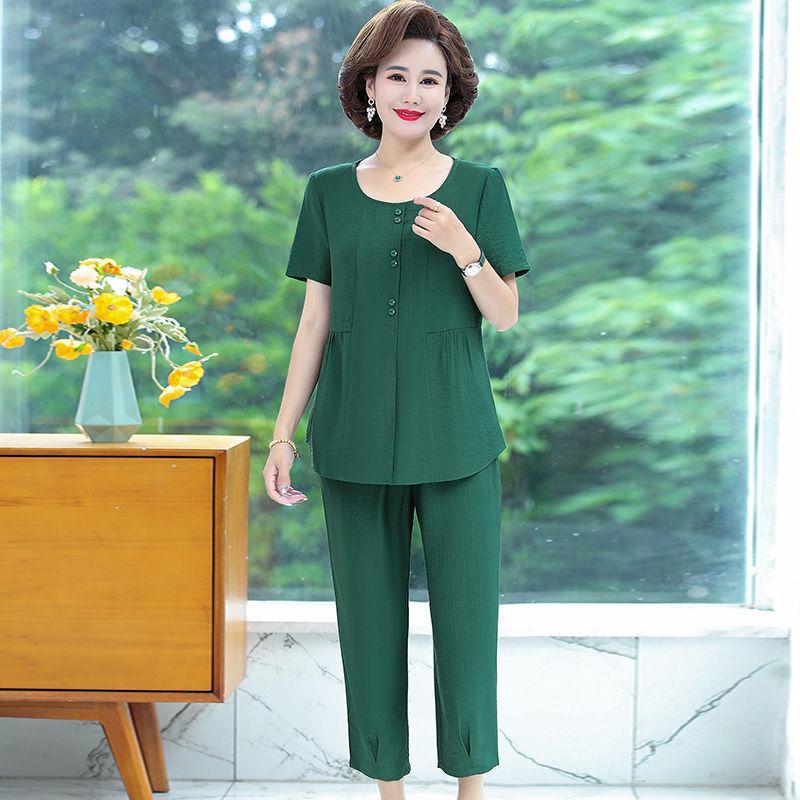 

Летний комплект из двух предметов из хлопка и льна для женщин среднего возраста — комплект из футболки с коротким рукавом и брюк для модного комфорта 5XL 75-82.5kg зелёный