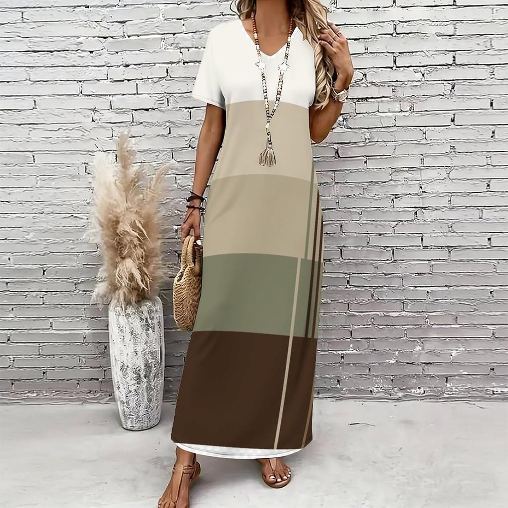 Women Plus Size V Neck Short Sleeve Geometric Printed Straight Maxi Dress