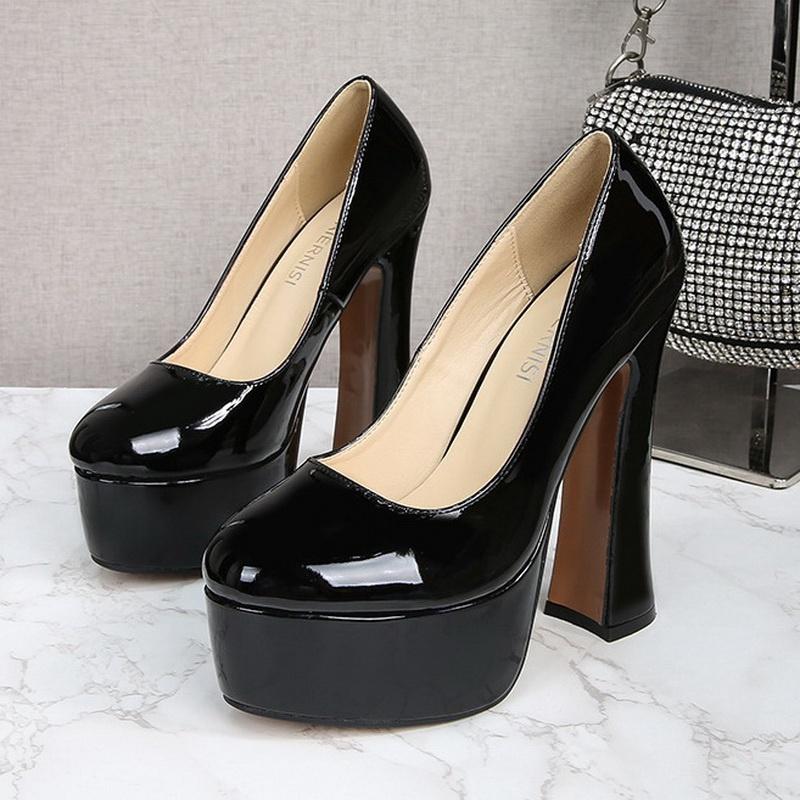 Kadın Rugan Yüksek topuklu ayakkabılar Bayan Su Geçirmez Platform Yüksek Topuklu Kadın Yuvarlak Ayak Kalın Topuk Tek Ayakkabı Kadın Ofis iş ayakkabısı OL Ayakkabı
