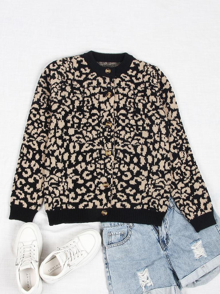 European and American new autumn and winter sweaters women's loose knitted round neck long-sleeved leopard print sweater cardigan jacket