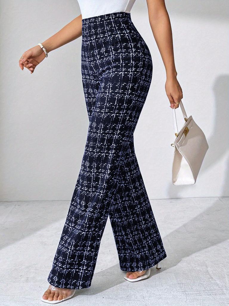 [Stretchy Flare Pants] High-Waisted Stretchy Women's Black and White Plaid Flare Pants | Casual Pants for Spring/Summer/Fall | Glossy Finish Pant