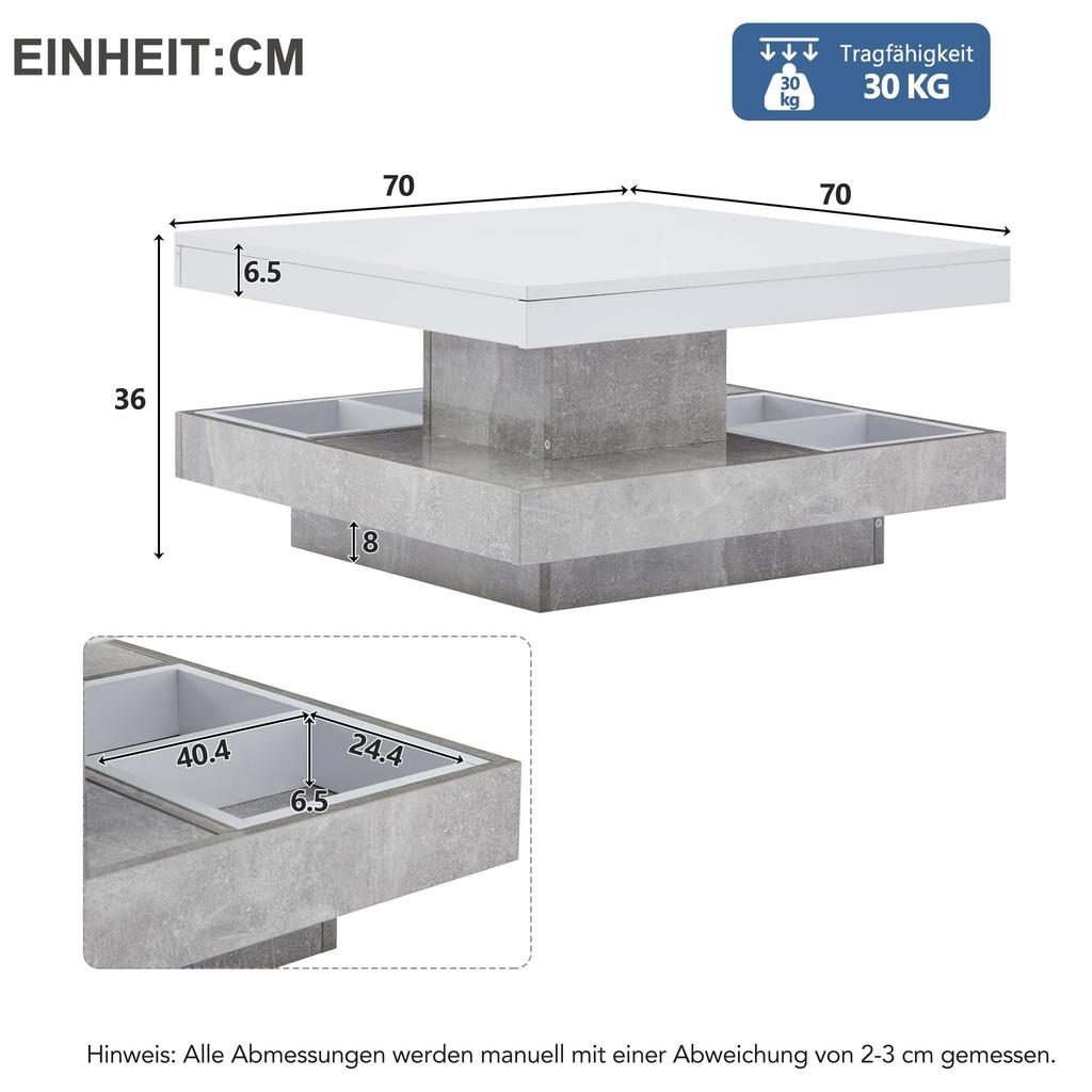 Couchtisch quadratische Drehbarer Moderner verstecktem Ablagefach, kreativer Sofatisch Kaffeetisch Mitteltisch Home Office, Weiß & Marmor