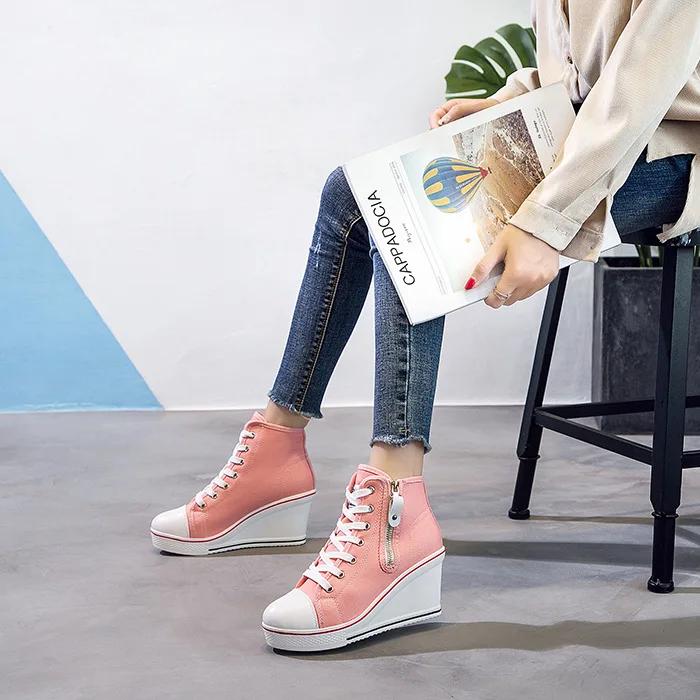 Fashion Autumn 8cm Platform Wedges Shoes Woman Canvas Round Toe Side Zipper Casual Fashion Retro Office Lady Brand Design High Quality