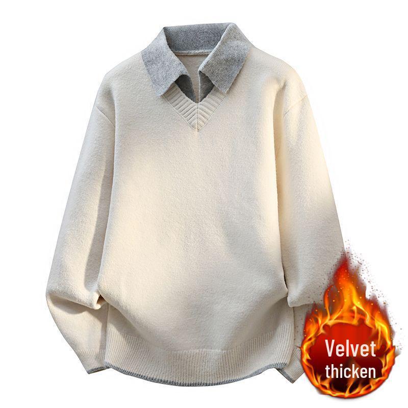 Men's Trendy Faux Two-Piece Lapel Sweater - Autumn/Winter Thickened Velvet Casual Knit Base Layer