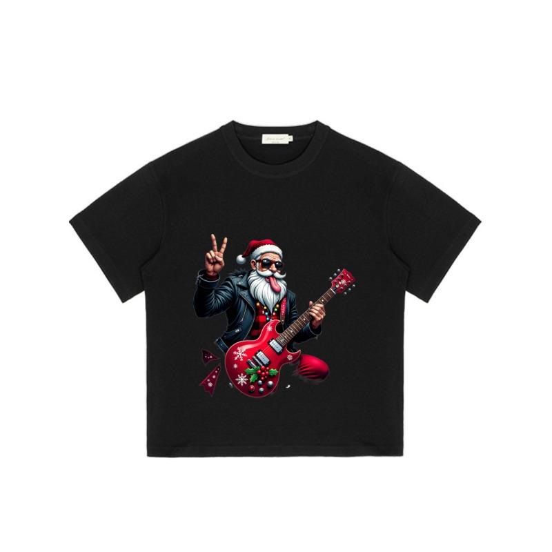 T-shirt de Noël Rock Père Noël Noir Père Noël avec Guitare et Imprimé Signe de Paix pour Fête de Vacances et Occasions Festives