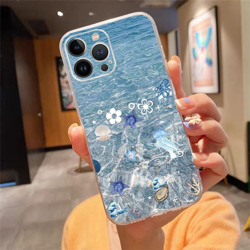 Phone Case For Iphone 17ProMax 17 Pro Air 16 15 14 13 Pro Max 16 15 14 13 Pro 15Plus Blue Sea Flower Water
