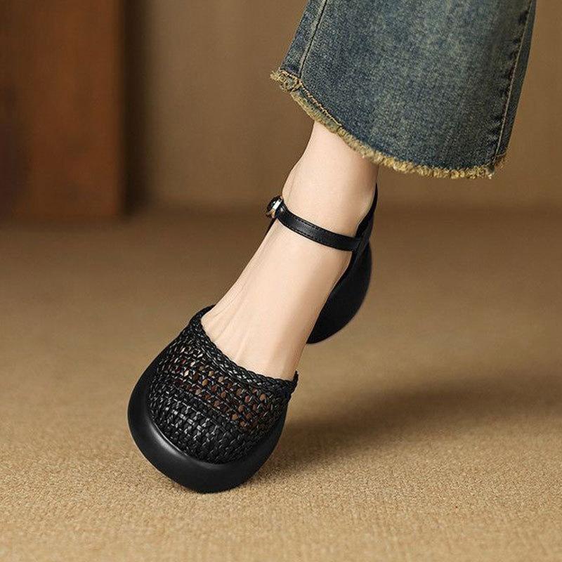 Fashion Thick-heeled Woven Bag Head Sandals Women's Summer 2025 New Versatile Height-increasing Casual Hollow Pig Cage Shoes